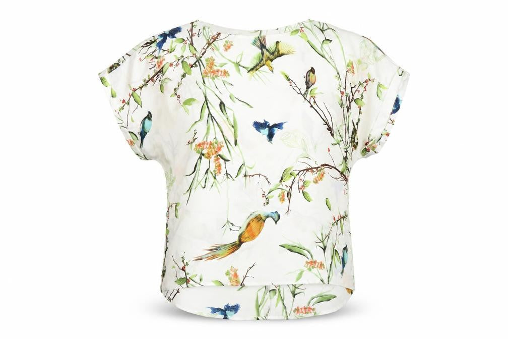 Front view of Forever 21 Women’s Multicoloured Bird Print V-Neck Blouse, size M