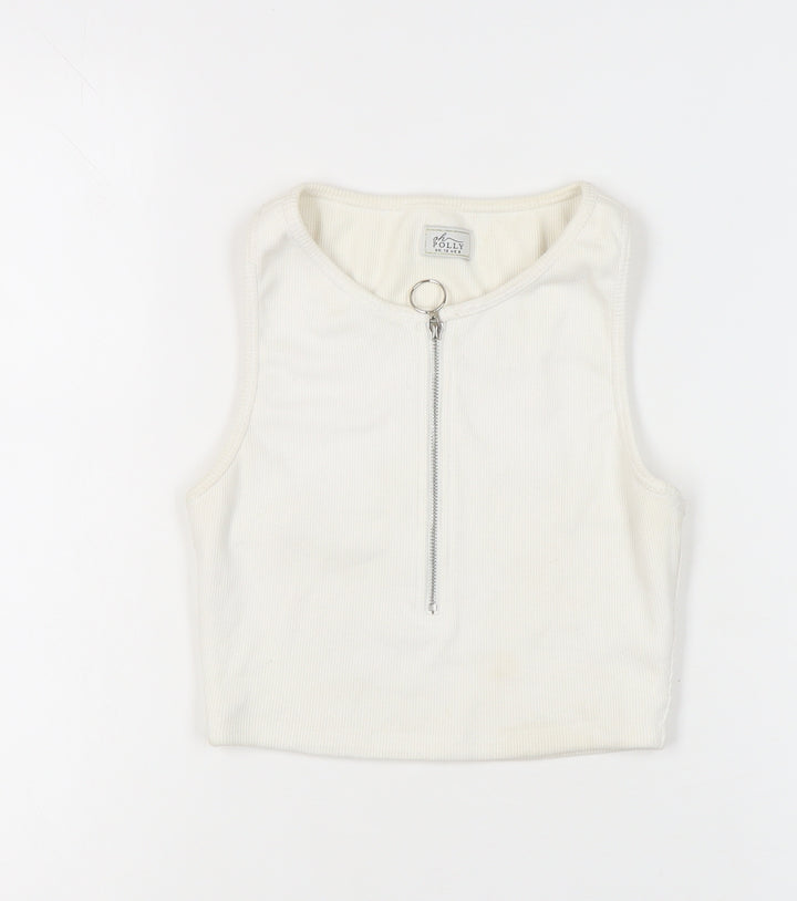 Oh Polly Women’s Ivory Cropped Tank Top UK 12 Slim Fit Zip Detail