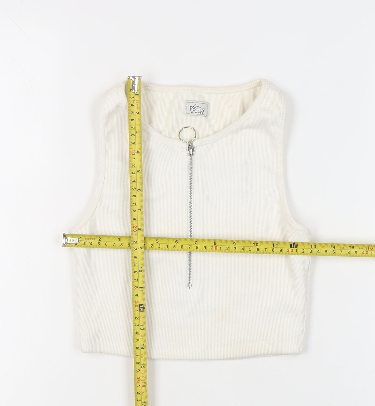 Oh Polly Women’s Ivory Cropped Tank Top UK 12 Slim Fit Zip Detail