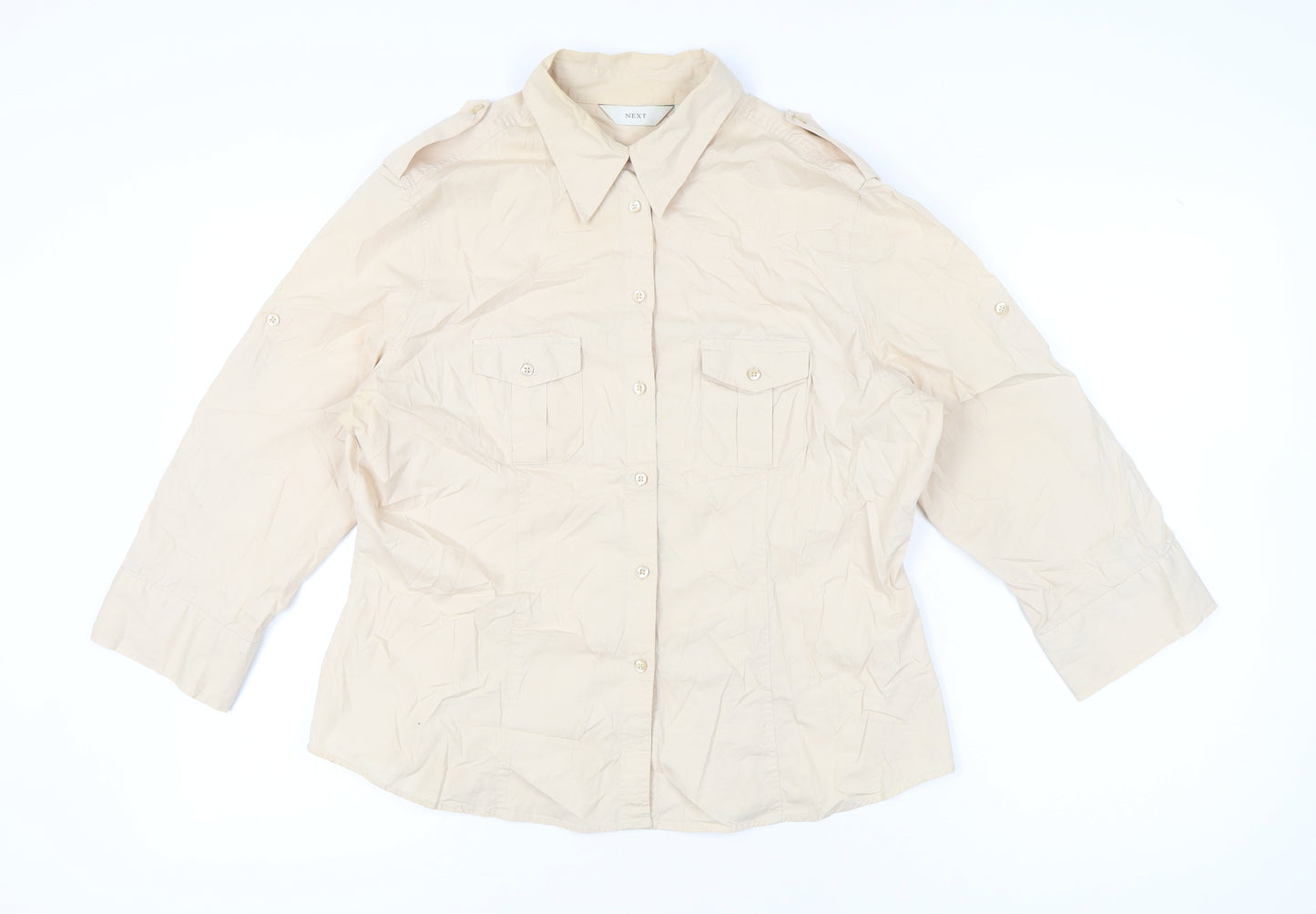 Next Women Beige Size 18 Button-Up Cotton Shirt 3/4 Sleeve