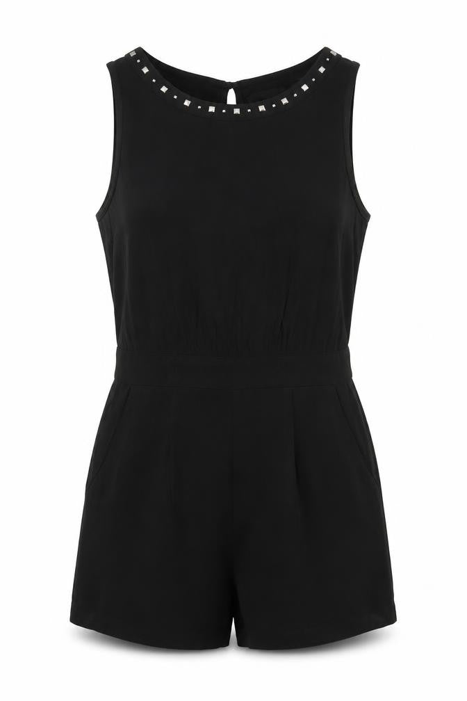 Front view of Forever 21 Women Black Studded Sleeveless Playsuit, size M