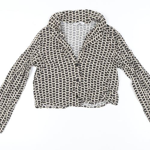 Stradivarius Women’s Black Beige Geometric Cropped Button-Up Blouse L
