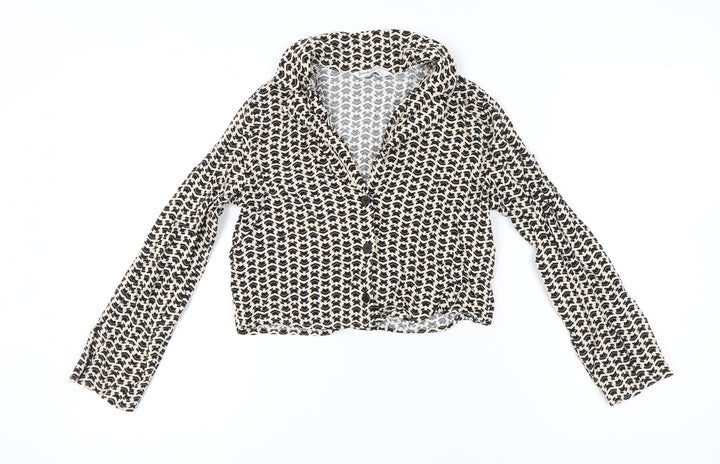 Stradivarius Women’s Black Beige Geometric Cropped Button-Up Blouse L