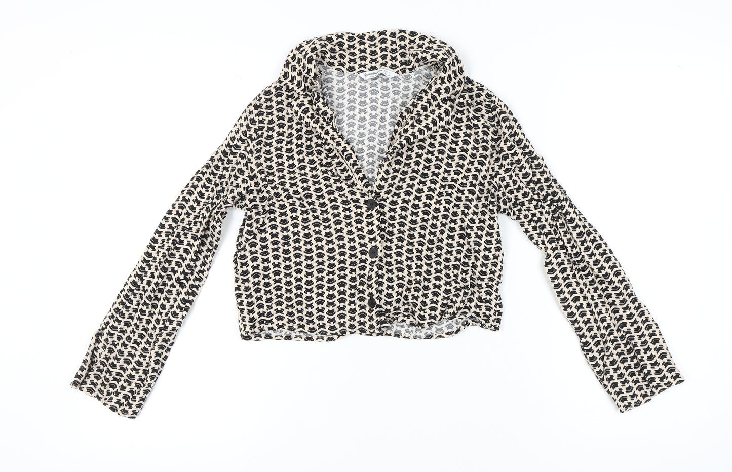 Stradivarius Women’s Black Beige Geometric Cropped Button-Up Blouse L