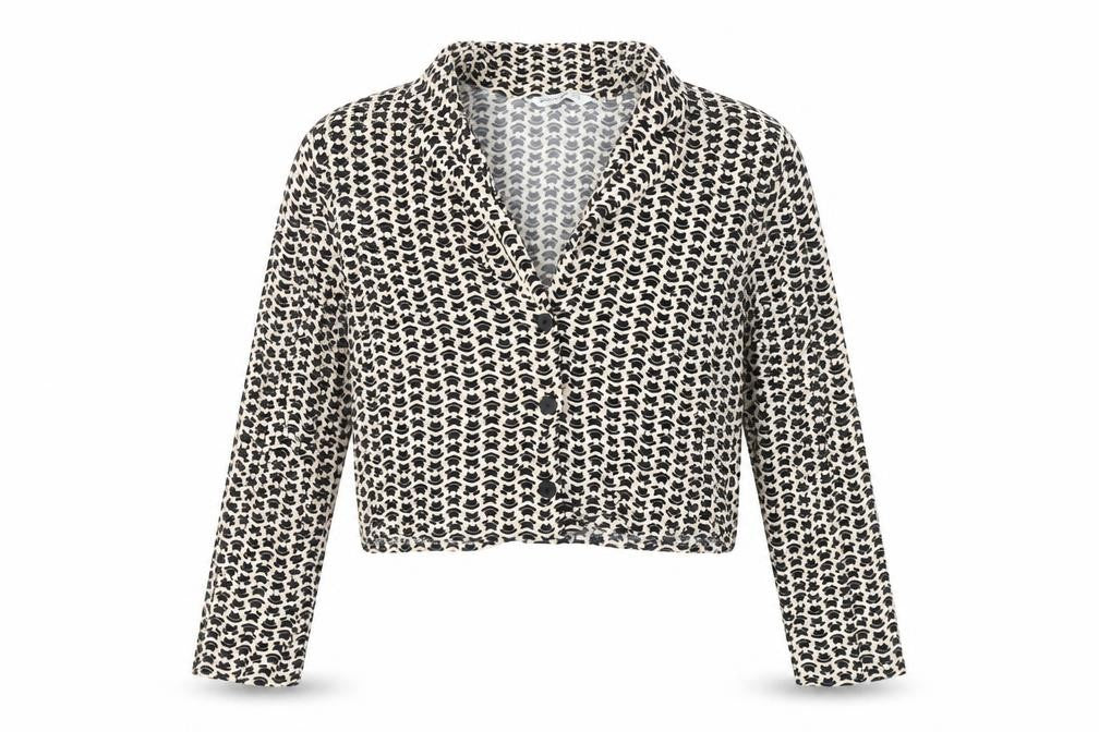 Front view of Stradivarius Women’s Black Beige Geometric Cropped Button-Up Blouse L