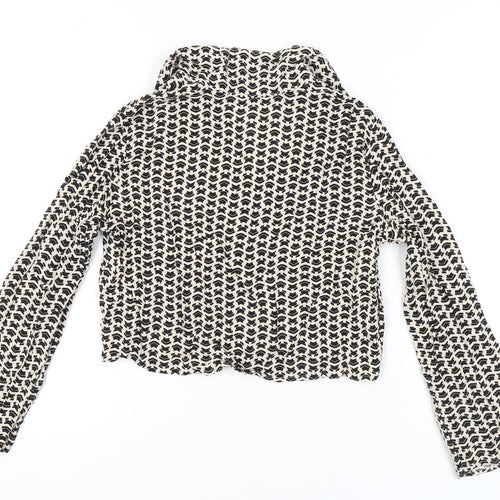 Stradivarius Women’s Black Beige Geometric Cropped Button-Up Blouse L