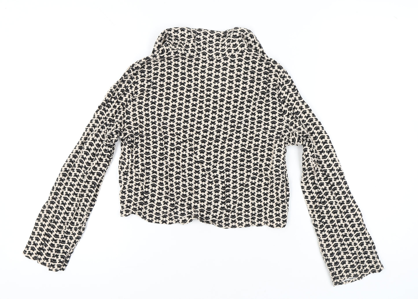 Stradivarius Women’s Black Beige Geometric Cropped Button-Up Blouse L