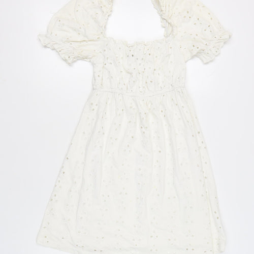 ASOS Women White Size 8 A-Line Puff Sleeve Knee Length Cotton Dress