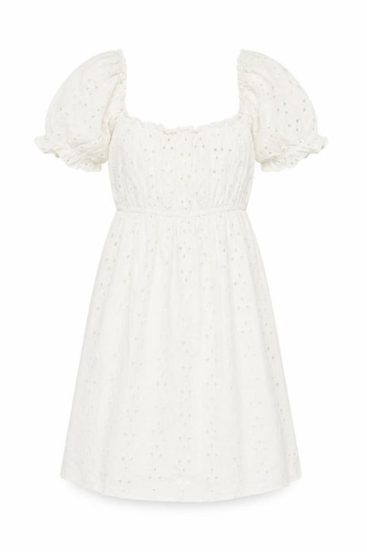 Front view of ASOS Women White, size 8, A-Line Puff Sleeve Knee Length Cotton Dress