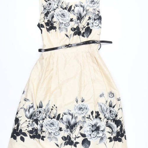 Début Women's Beige Floral Fit & Flare Dress Size 12 Scoop Neck Sleeveless