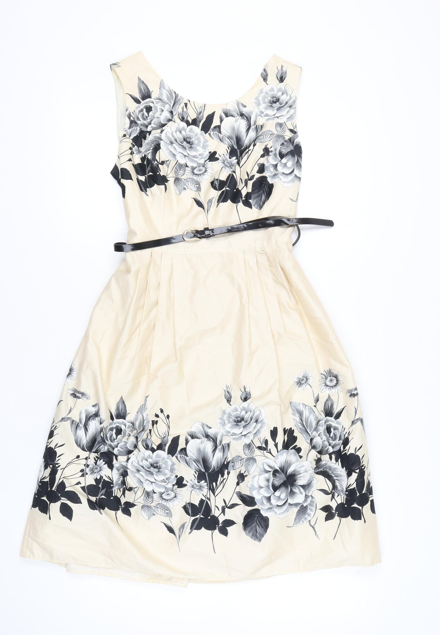 Début Women's Beige Floral Fit & Flare Dress Size 12 Scoop Neck Sleeveless