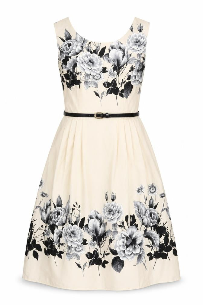 Début Women's Beige Floral Fit & Flare Dress Size 12 Scoop Neck Sleeveless