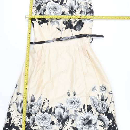 Début Women's Beige Floral Fit & Flare Dress Size 12 Scoop Neck Sleeveless