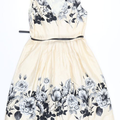 Début Women's Beige Floral Fit & Flare Dress Size 12 Scoop Neck Sleeveless