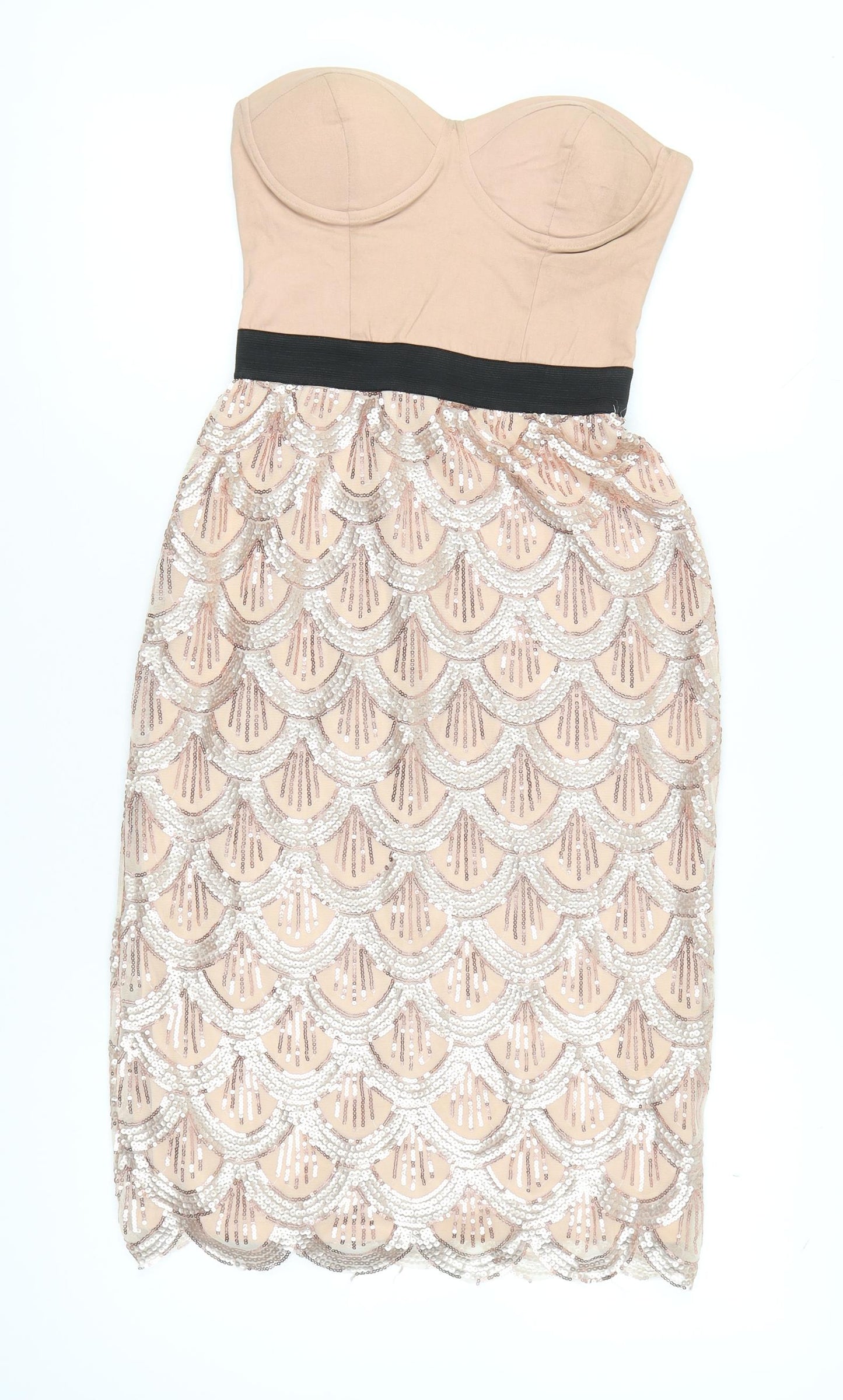 Rare London Women’s Beige Strapless Sequin Knee Length Dress UK 10