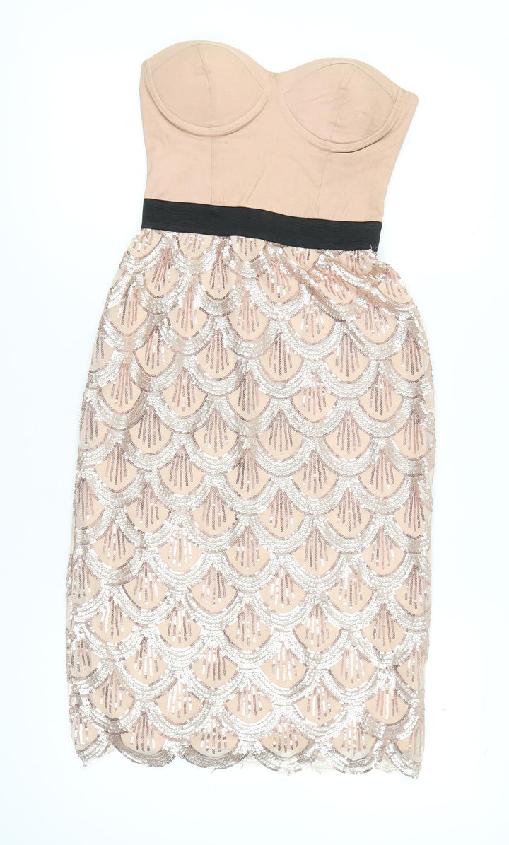 Rare London Women’s Beige Strapless Sequin Knee Length Dress UK 10
