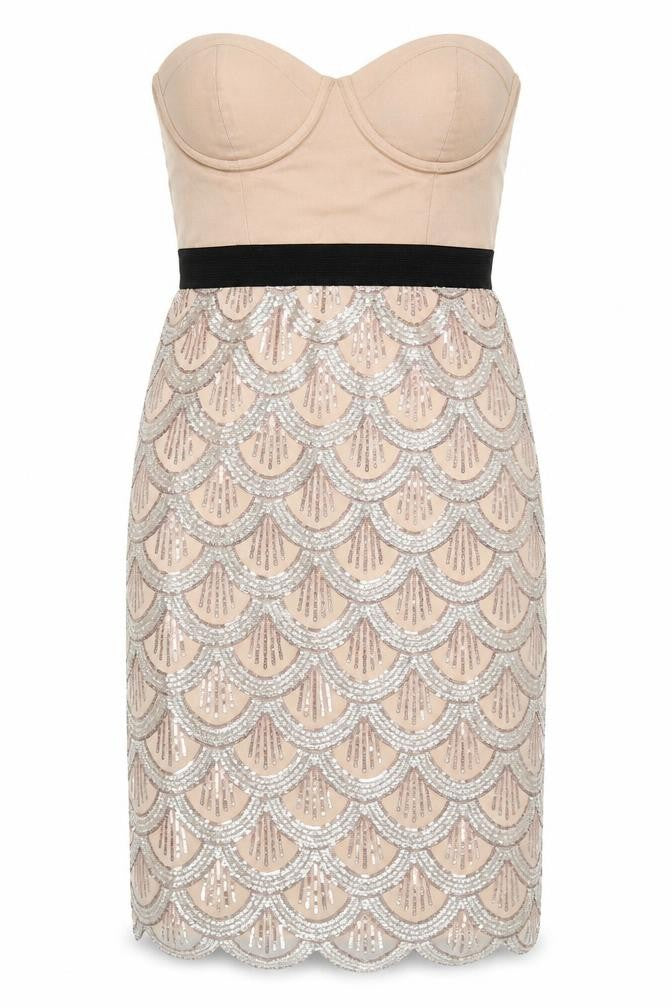 Rare London Women’s Beige Strapless Sequin Knee Length Dress UK 10