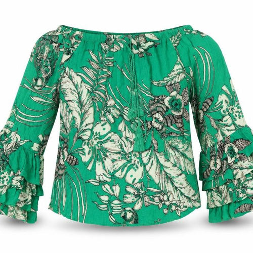 Solitaire Women’s Green Floral Off Shoulder Boho Blouse Top S