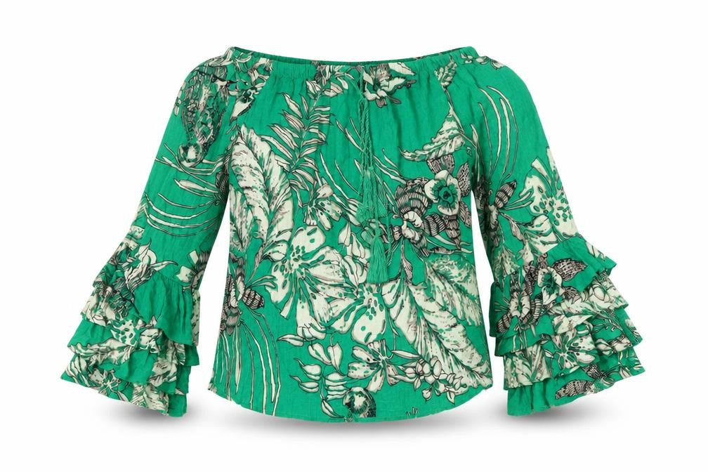 Solitaire Women’s Green Floral Off Shoulder Boho Blouse Top S