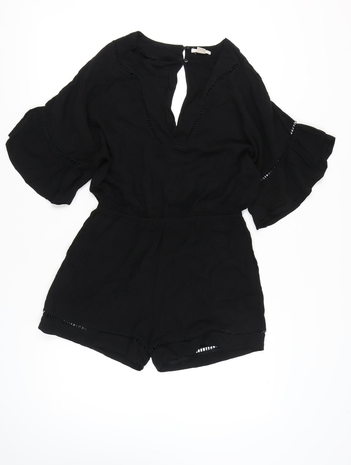 H&M Womens Black Viscose 3/4 Flared Sleeve Playsuit Size 10