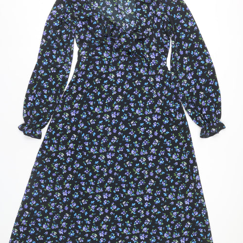 New Look Womens Black Floral Midi A-Line Dress UK 8 Long Sleeve
