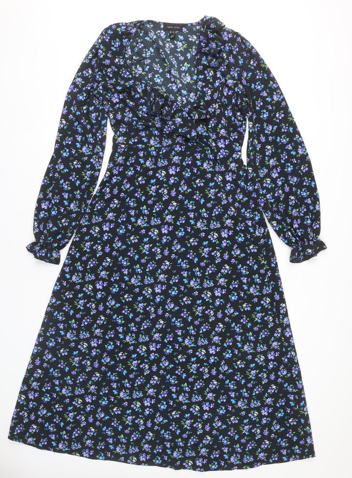 New Look Womens Black Floral Midi A-Line Dress UK 8 Long Sleeve