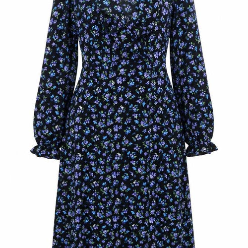 New Look Womens Black Floral Midi A-Line Dress UK 8 Long Sleeve
