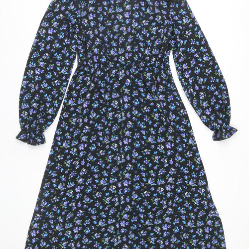 New Look Womens Black Floral Midi A-Line Dress UK 8 Long Sleeve