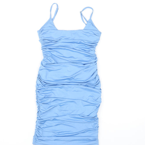 Oh Polly Women’s Blue Size 8 Bodycon Midi Dress Ruched Sleeveless Partywear