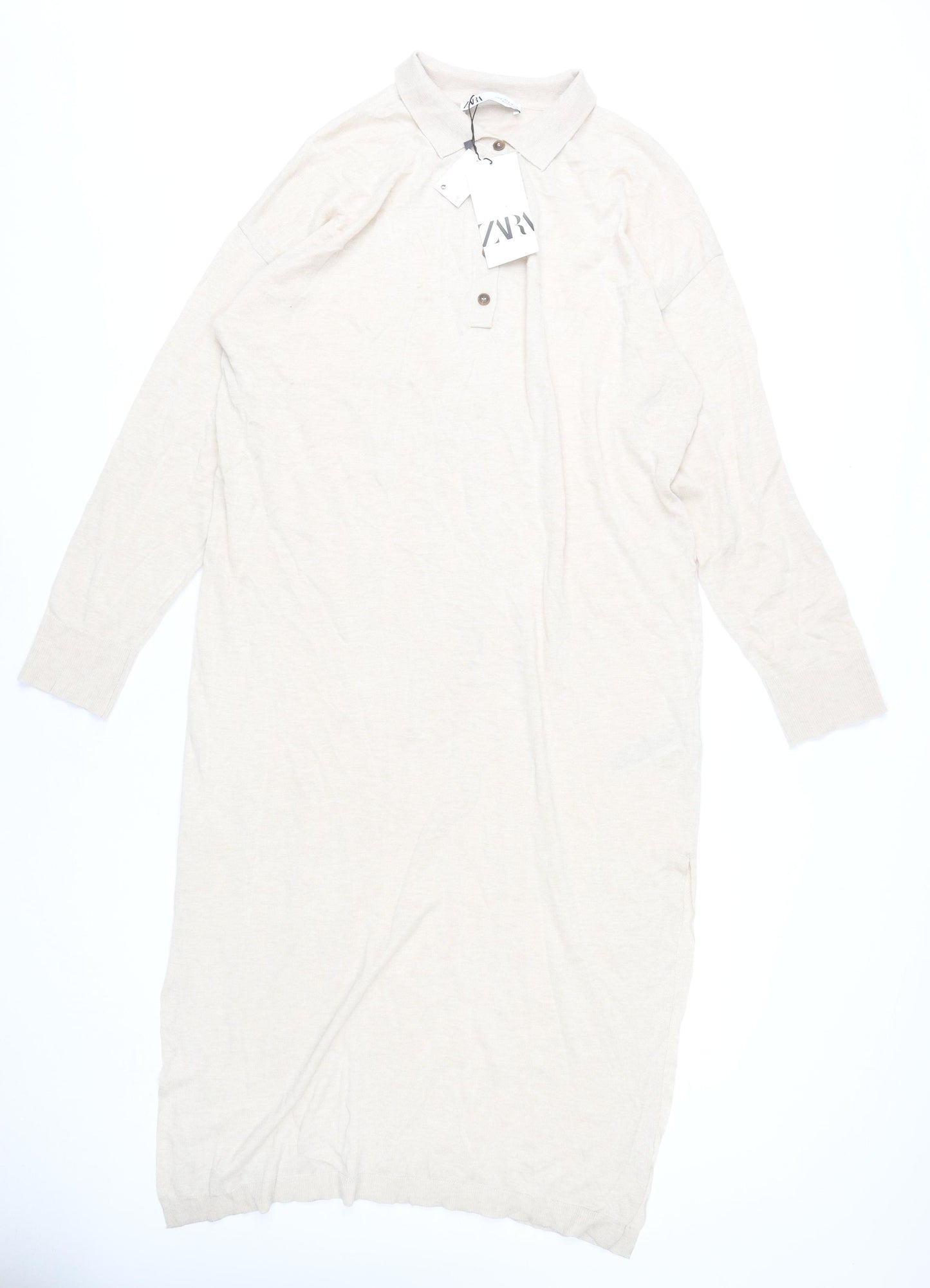 Zara Women’s Beige Collared Shirt Dress Size S Midi Long Sleeve