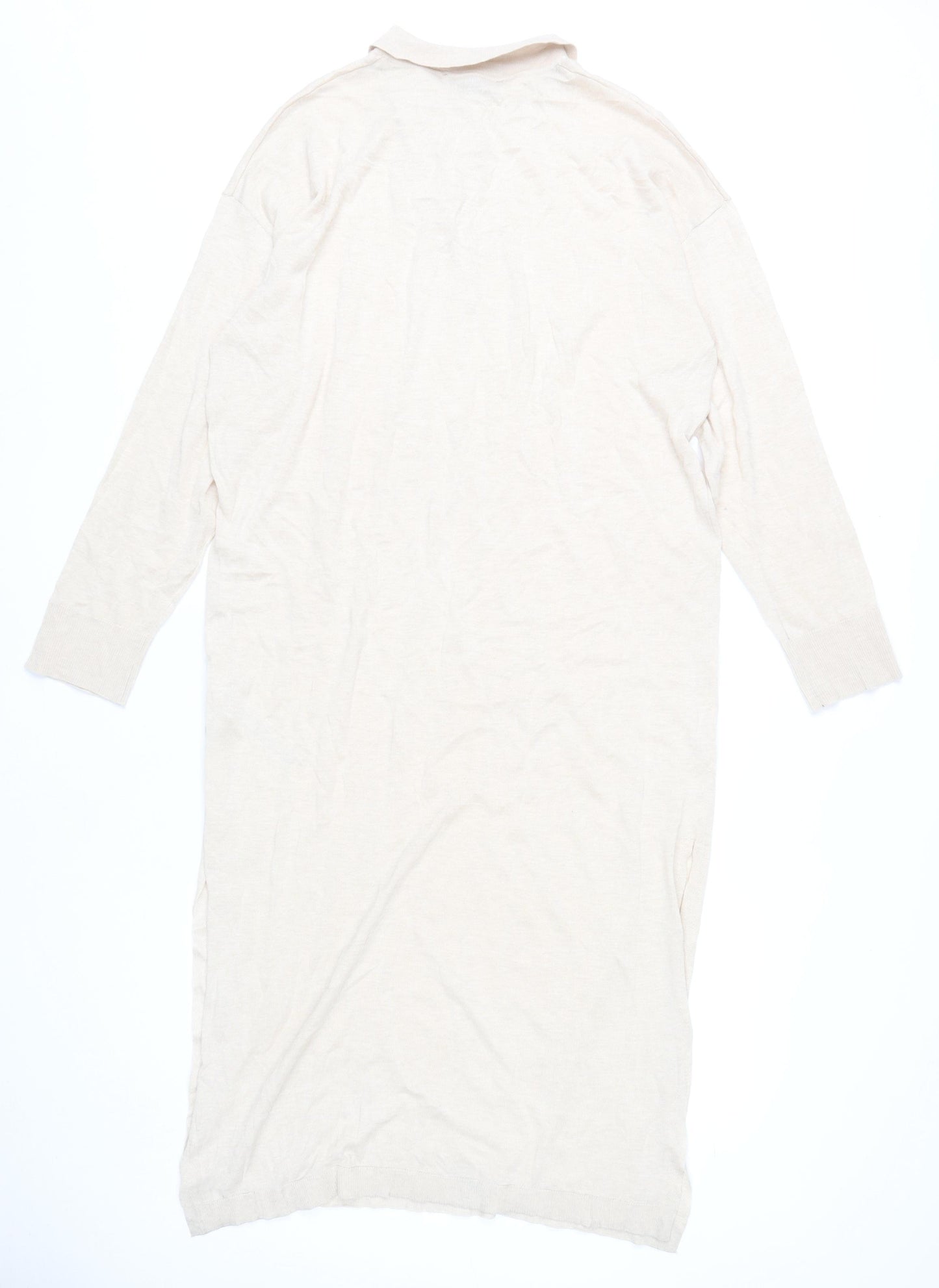 Zara Women’s Beige Collared Shirt Dress Size S Midi Long Sleeve