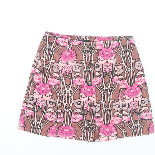 Topshop Women’s Brown Pink Floral Corduroy A-Line Skirt Size 8