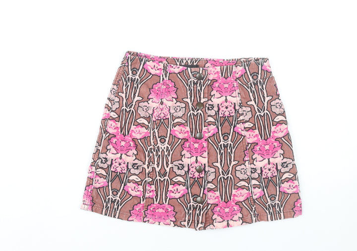 Topshop Women’s Brown Pink Floral Corduroy A-Line Skirt Size 8