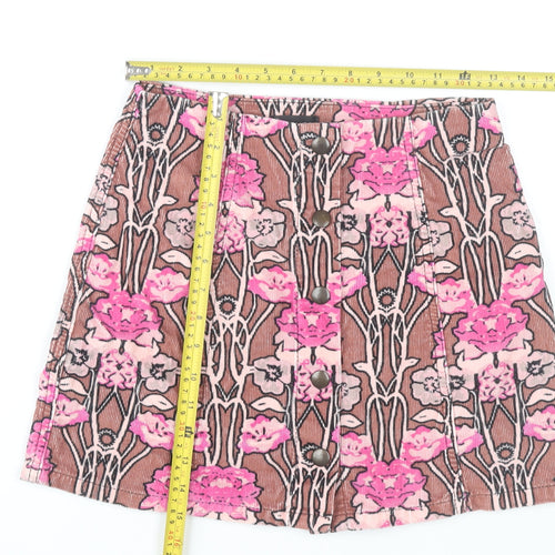 Topshop Women’s Brown Pink Floral Corduroy A-Line Skirt Size 8