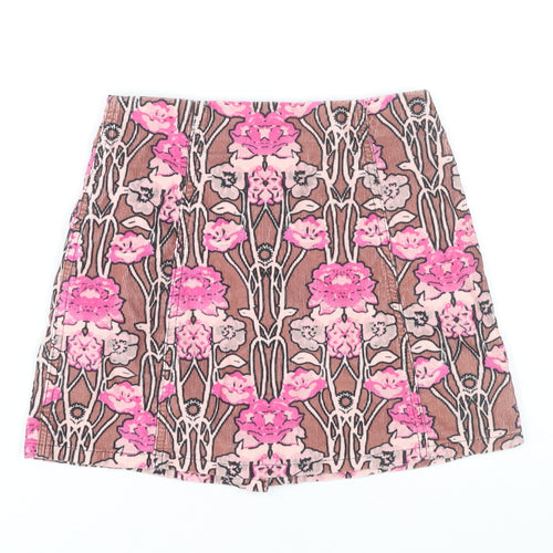 Topshop Women’s Brown Pink Floral Corduroy A-Line Skirt Size 8