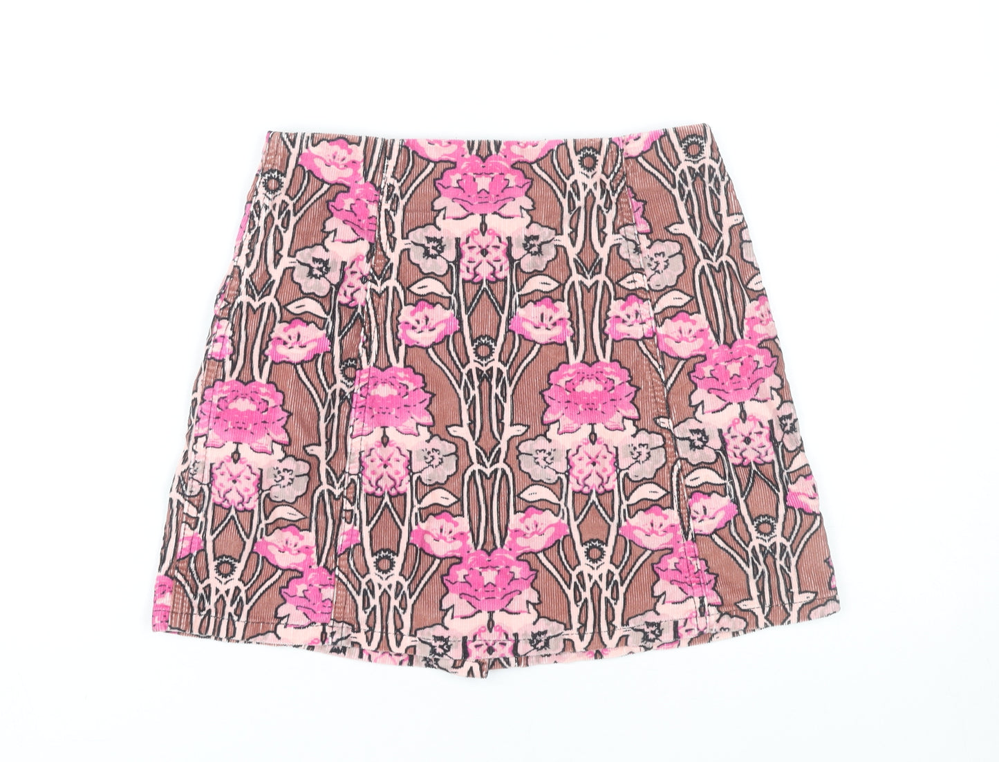 Topshop Women’s Brown Pink Floral Corduroy A-Line Skirt Size 8