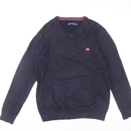 Raging Bull Men's Blue Cotton Cashmere V-Neck Jumper M