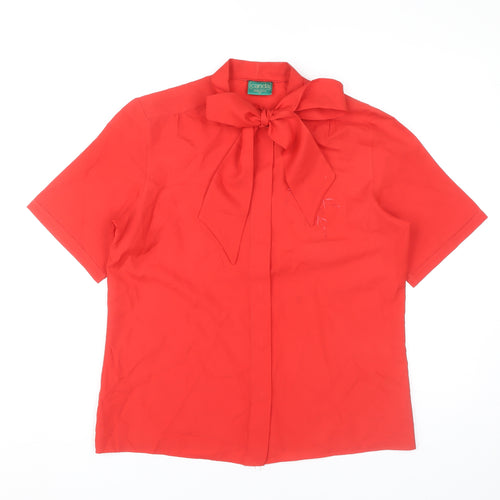 Canda Womens Red Short Sleeve Bow Neck Blouse Size 12 Polyester Classic