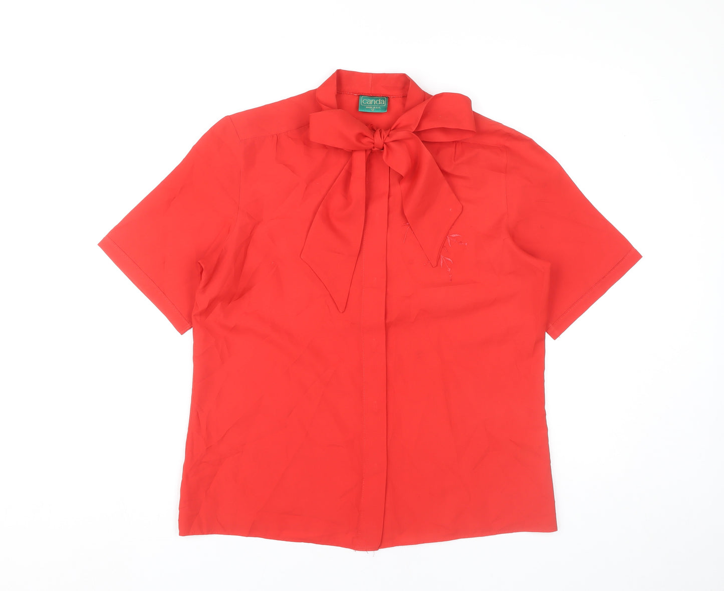 Canda Womens Red Short Sleeve Bow Neck Blouse Size 12 Polyester Classic