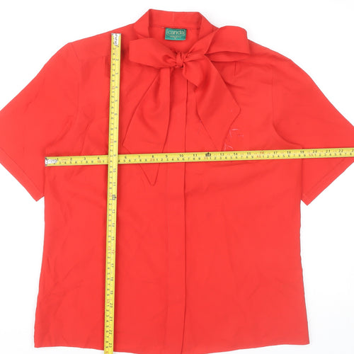 Canda Womens Red Short Sleeve Bow Neck Blouse Size 12 Polyester Classic