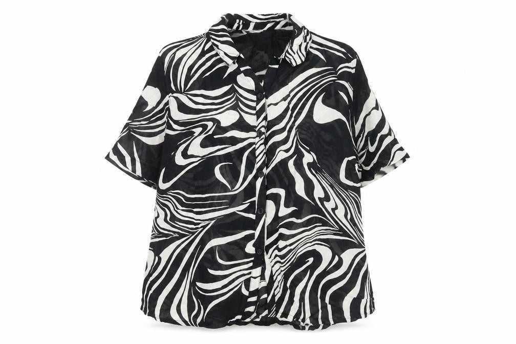 Front view of Classics Women Black White Animal Print Button-Up Shirt, size 16