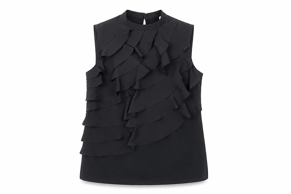 Front view of Edina Ronay Women's Black Ruffle Sleeveless Blouse UK 10