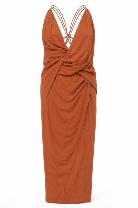 Front view of ASOS DESIGN Women Brown, size 8, Midi Bodycon Strappy V-Neck Dress