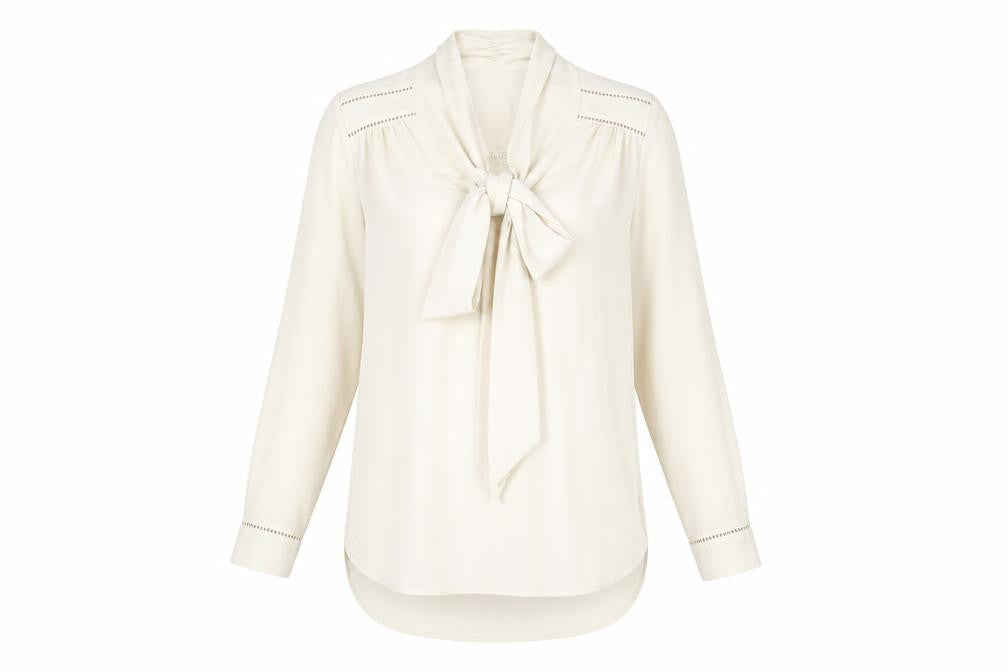 Mint Velvet Women’s Ivory Blouse Size 8 Bow Neck Long Sleeve