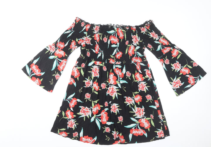 ASOS Womens Black Floral Off Shoulder Skater Dress Size 16
