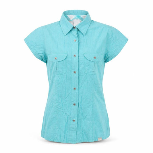 Front view of The North Face women’s blue xs short sleeve cotton modal button-up shirt