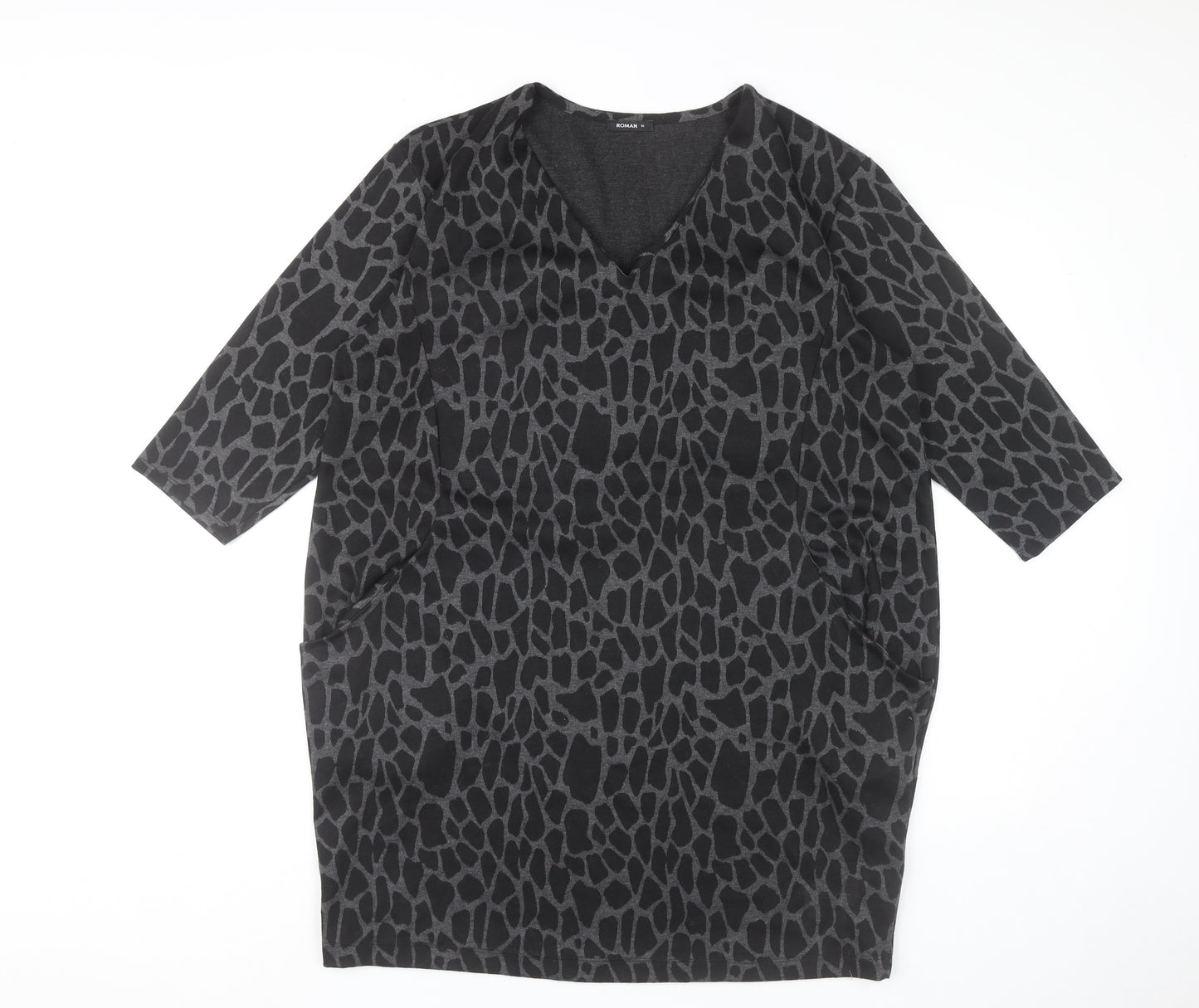 Roman Women’s Black Animal Print Shift Dress Size 16 V-Neck