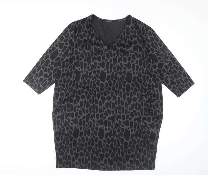 Roman Women’s Black Animal Print Shift Dress Size 16 V-Neck