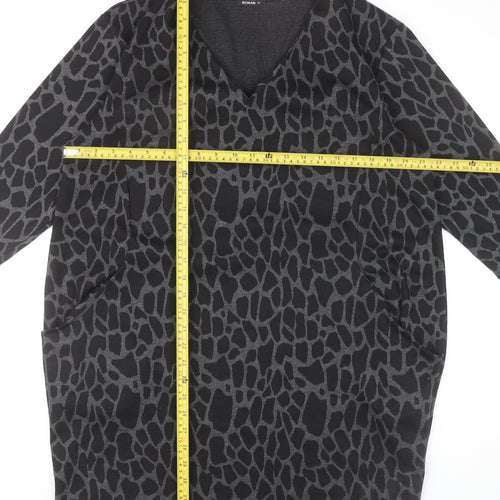 Roman Women’s Black Animal Print Shift Dress Size 16 V-Neck