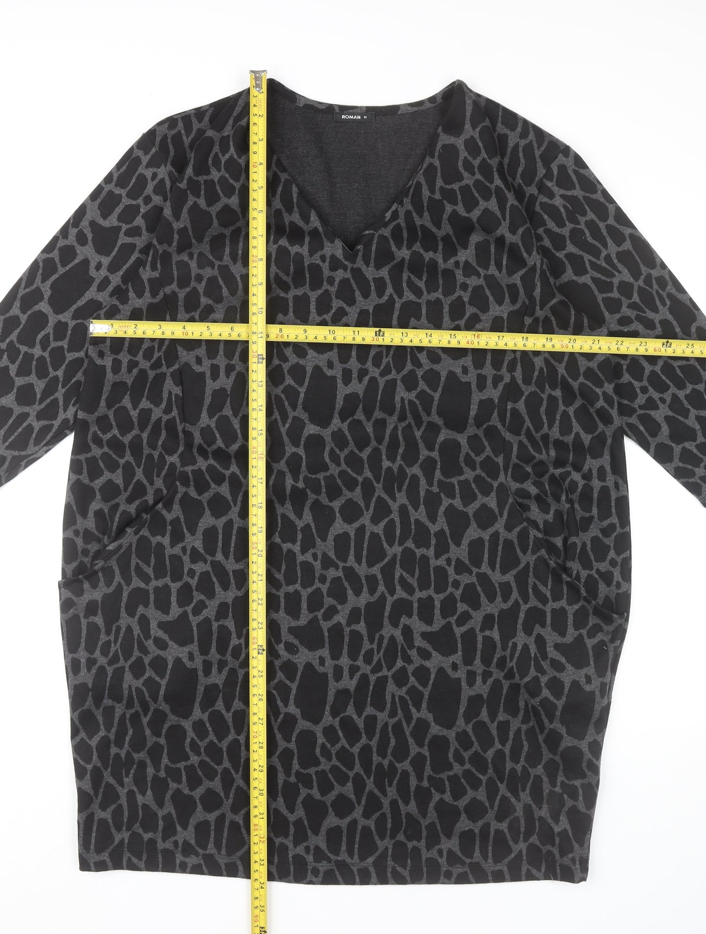 Roman Women’s Black Animal Print Shift Dress Size 16 V-Neck